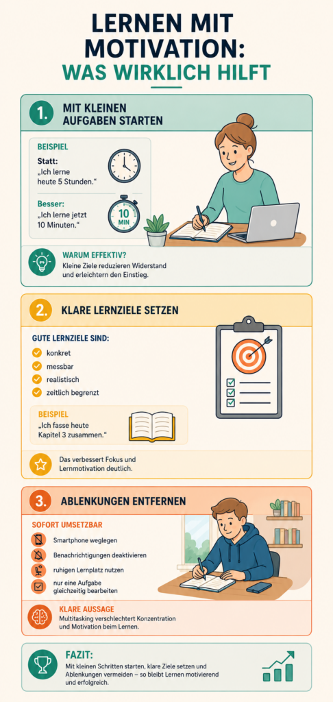 Vertikale Infografik zum Thema „Lernen mit Motivation“. Die Grafik zeigt drei Tipps für effektiveres Lernen: mit kleinen Aufgaben starten, klare Lernziele setzen und Ablenkungen entfernen. Illustrationen von Studierenden, Lernzielen und Lernsituationen unterstützen die Inhalte.