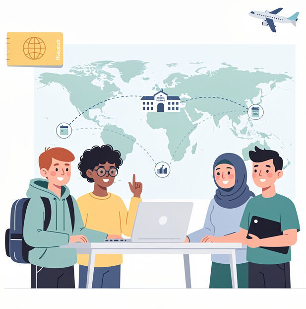 Illustration von internationalen Studierenden, die gemeinsam ein Auslandssemester planen. Im Hintergrund zeigt eine Weltkarte internationale Hochschulstandorte und Verbindungen zwischen verschiedenen Ländern. Ein Laptop, Reisepass und Flugzeug symbolisieren Studium und Reisen im Ausland.