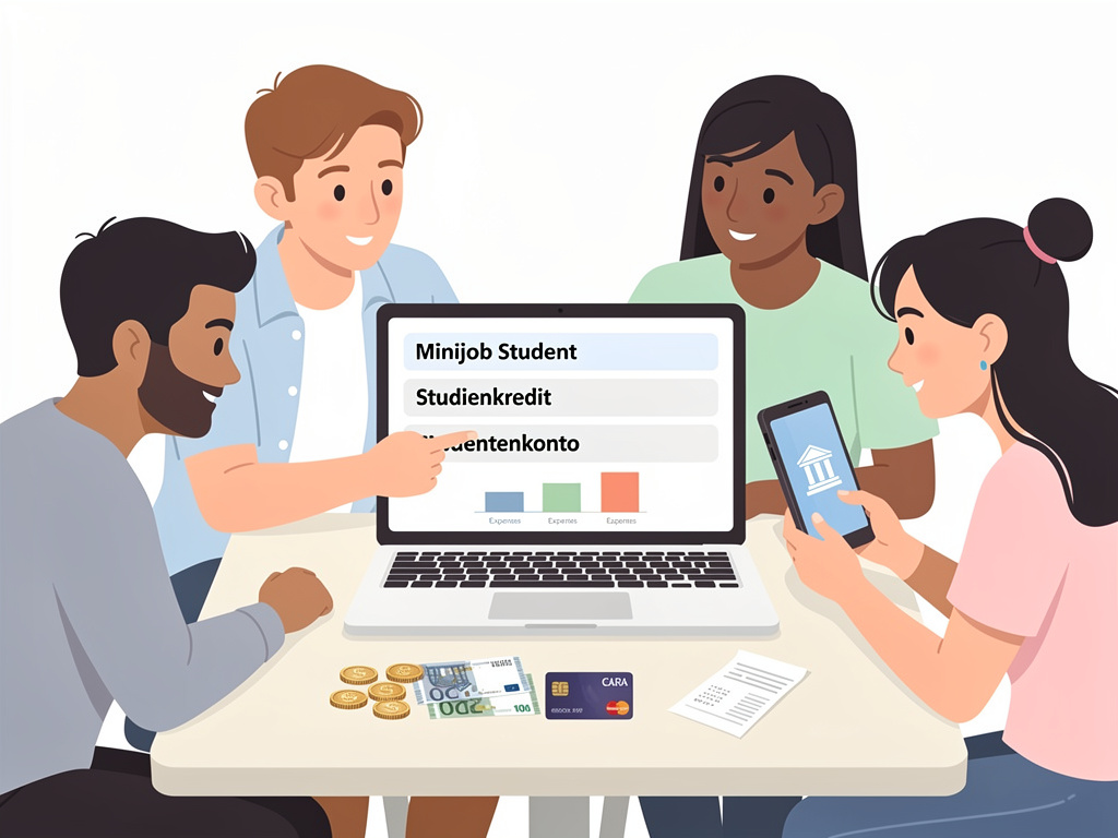 Illustration von vier Studierenden, die gemeinsam verschiedene Möglichkeiten der Studienfinanzierung besprechen. Auf einem Laptop werden Optionen wie Minijob, Studienkredit und Studentenkonto angezeigt. Auf dem Tisch liegen Geldscheine, Münzen und eine Bankkarte.