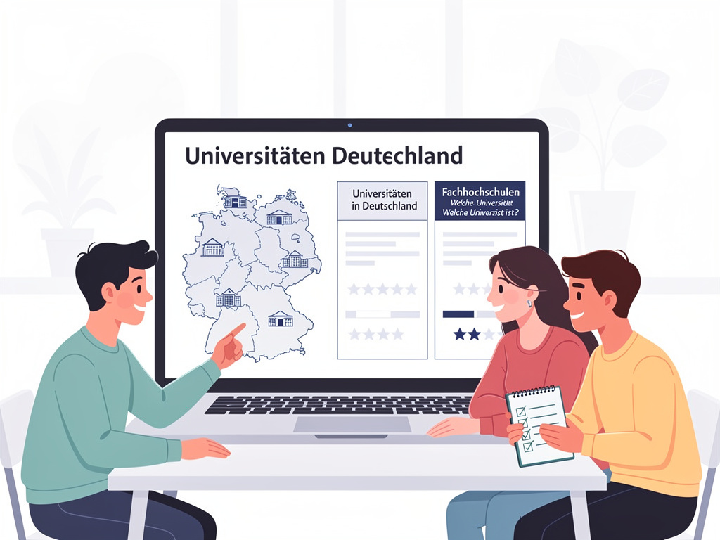 Illustration von drei Studieninteressierten, die auf einem Laptop Informationen zu Universitäten und Fachhochschulen in Deutschland vergleichen. Auf dem Bildschirm sind eine Deutschlandkarte, Hochschulprofile und Bewertungsübersichten zu sehen.