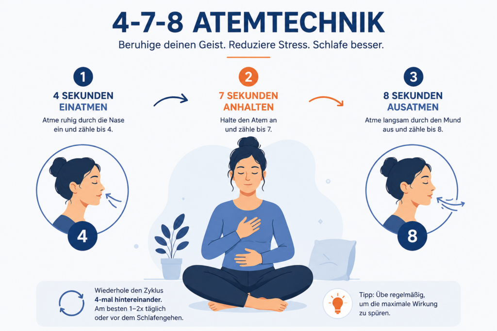 Infografik zur 4-7-8-Atemtechnik mit den Schritten Einatmen, Atem anhalten und Ausatmen zur schnellen Stressreduktion.