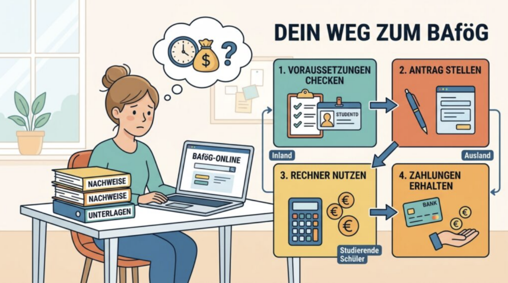 Eine Studentin sitzt besorgt mit Laptop und Unterlagen am Schreibtisch. Rechts daneben zeigt eine Infografik „Dein Weg zum BAföG“ die vier Schritte: Voraussetzungen prüfen, Antrag stellen, Rechner nutzen und Zahlungen erhalten. Icons wie Taschenrechner, Bankkarte und Dokumente veranschaulichen den Ablauf.