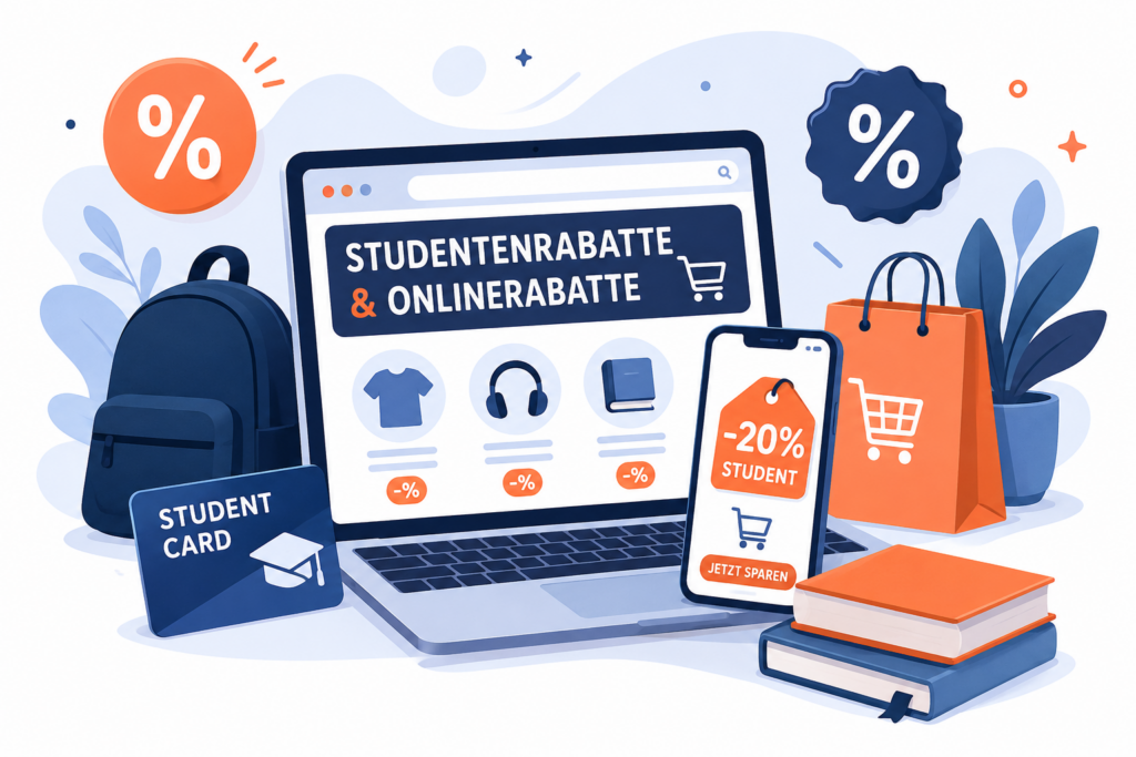 Laptop und Smartphone zeigen Studentenrabatt und Onlinerabatte mit Rabattsymbolen, Studentenausweis, Büchern und Einkaufstaschen in einer modernen, blau-orangen Illustration.