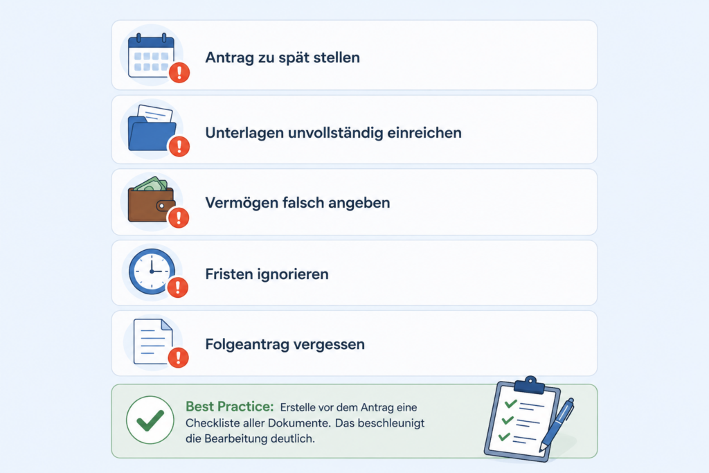 Infografik zu häufigen Fehlern beim BAföG-Antrag mit Symbolen für Fristen, Unterlagen, Vermögen und Folgeantrag sowie einer Empfehlung zur Nutzung einer Dokumenten-Checkliste.