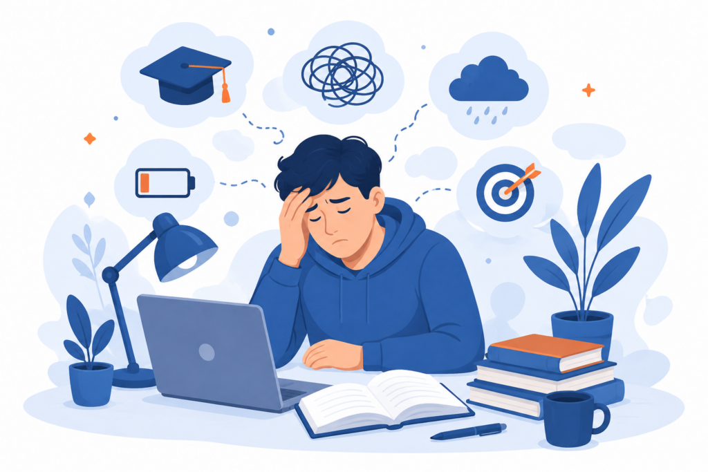 Gestresster Student sitzt vor einem Laptop und zeigt Anzeichen von Überforderung, Konzentrationsproblemen und Erschöpfung im Studium. Seine Mentale Gesundheit ist nicht gut.
