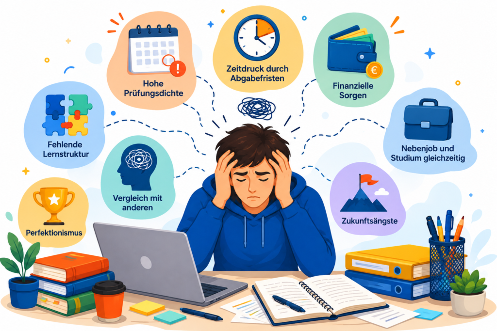 Infografik zu häufigen Ursachen von Stress im Studium mit einem überforderten Studierenden und typischen Stressauslösern wie Prüfungsdruck, Zeitmangel und finanziellen Sorgen.