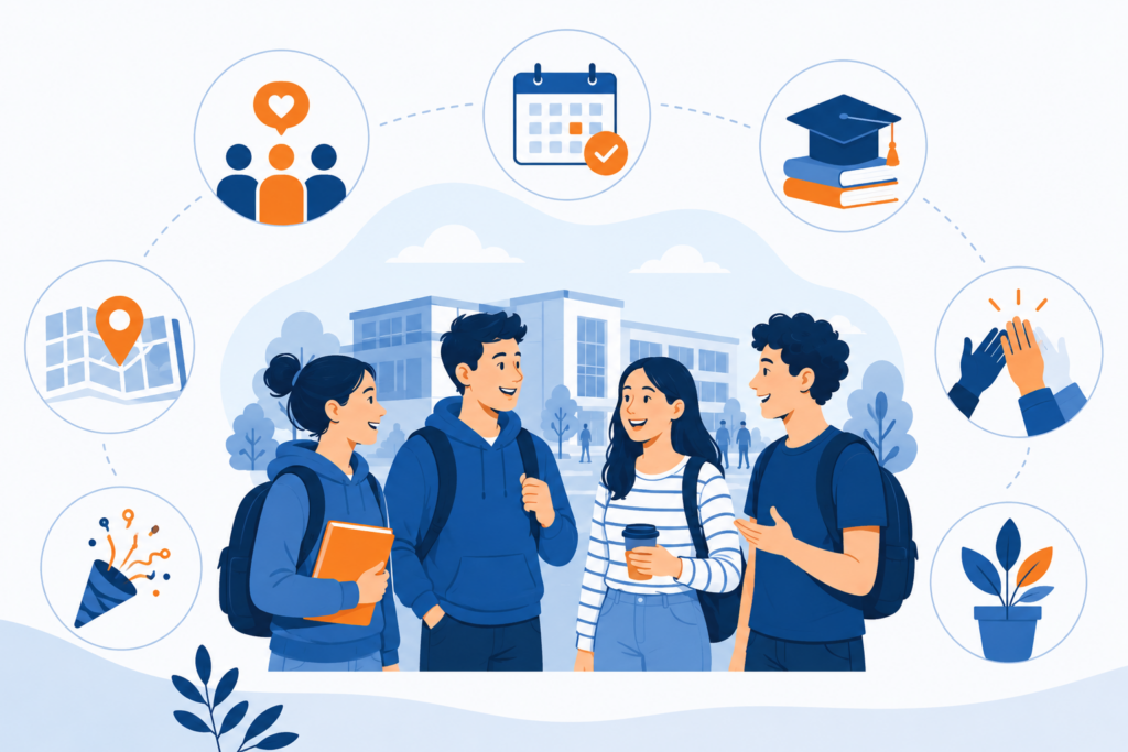 Vier Studierende lernen sich während der Ersti-Woche auf dem Campus kennen. Symbole zeigen Orientierung, Veranstaltungen, Austausch und Studienstart.