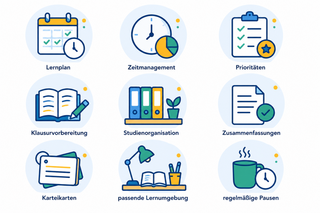 Illustration zum Thema Lernorganisation mit verschiedenen Symbolen für zentrale Bereiche des erfolgreichen Lernens. Dargestellt sind unter anderem Lernplanung, Zeitmanagement, Prioritätensetzung, Klausurvorbereitung, Studienorganisation, Zusammenfassungen, Karteikarten, eine passende Lernumgebung und regelmäßige Pausen. Die Illustration ist im modernen, minimalistischen Studium-Kompass-Stil mit hellblauen Hintergründen, dunkelblauen Konturen und farbigen Akzenten gestaltet.