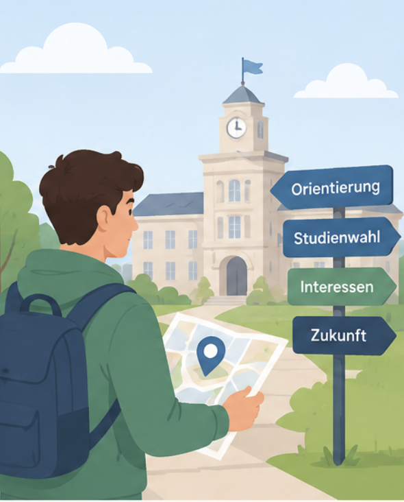 Illustration eines Studierenden mit Rucksack und Karte auf einem Campus. Wegweiser zeigen die Themen Orientierung, Studienwahl, Interessen und Zukunft zur Unterstützung bei der Studienentscheidung.