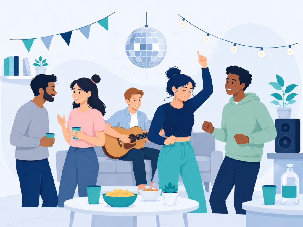 Illustration einer Studentenparty mit mehreren Studierenden, die gemeinsam tanzen, sich unterhalten und Musik hören. Die Szene zeigt eine lockere und freundliche Atmosphäre mit Lichterkette, Discokugel und Snacks.