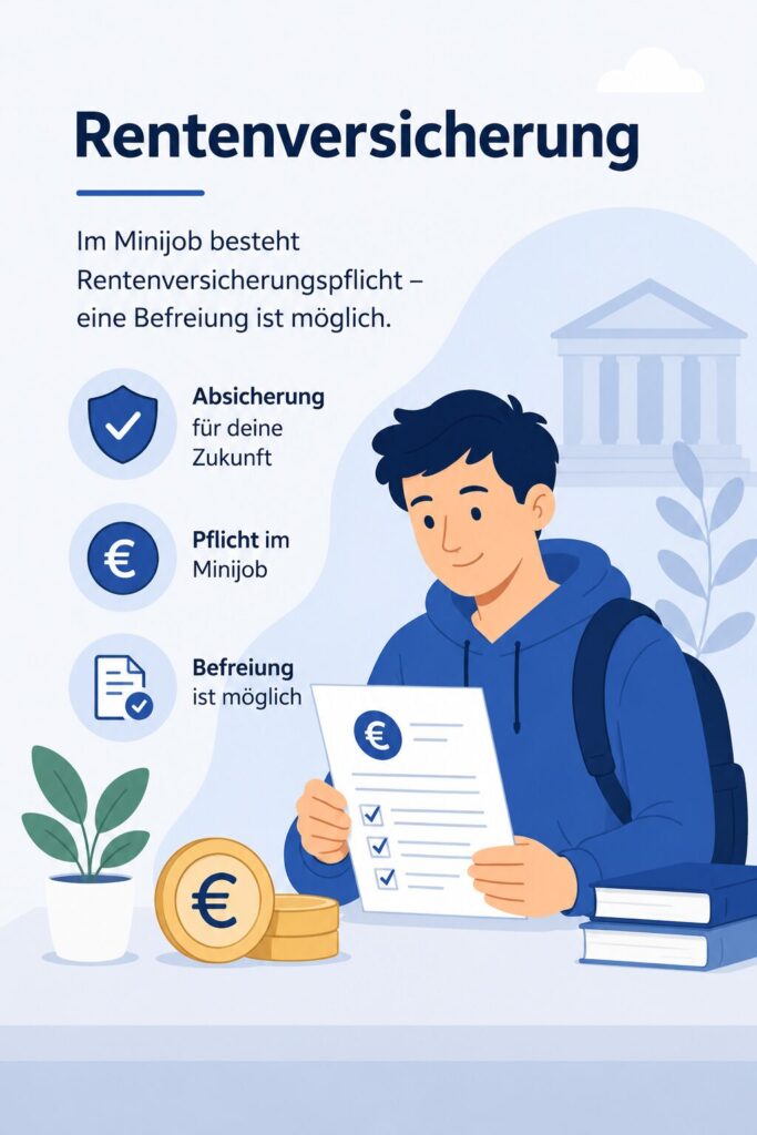 Illustration zur Rentenversicherung im Minijob für Studenten: Eine Person hält ein Formular in der Hand, daneben sind Symbole für Versicherungsschutz, finanzielle Absicherung und die Möglichkeit der Befreiung von der Rentenversicherungspflicht dargestellt.