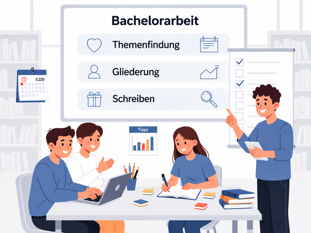 Illustration einer Gruppe von Studierenden, die sich auf ihre Bachelorarbeit vorbereiten. Auf einem großen Bildschirm stehen die Schritte: Themenfindung, Gliederung und Schreiben. Ein Betreuer zeigt auf die Liste, während die Studierenden Notizen machen und am Laptop arbeiten.