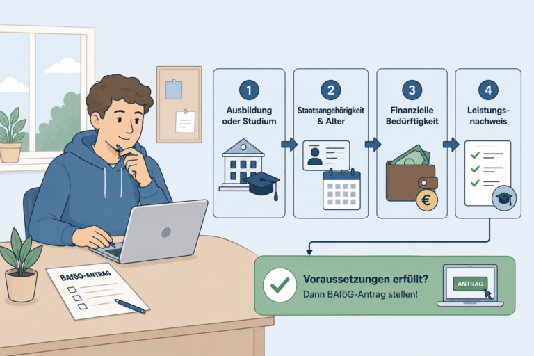 Illustration eines Studierenden beim Ausfüllen eines BAföG-Antrags. Dargestellt werden die Voraussetzungen für BAföG: Ausbildung oder Studium, Staatsangehörigkeit und Alter, finanzielle Bedürftigkeit sowie Leistungsnachweis.