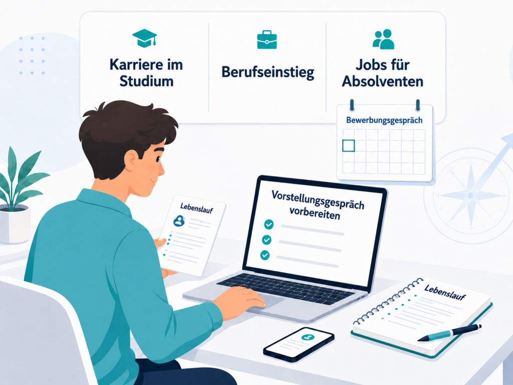 Person bereitet sich am Schreibtisch mit Lebenslauf, Notizen und Checkliste auf ein Vorstellungsgespräch für den Berufseinstieg vor.