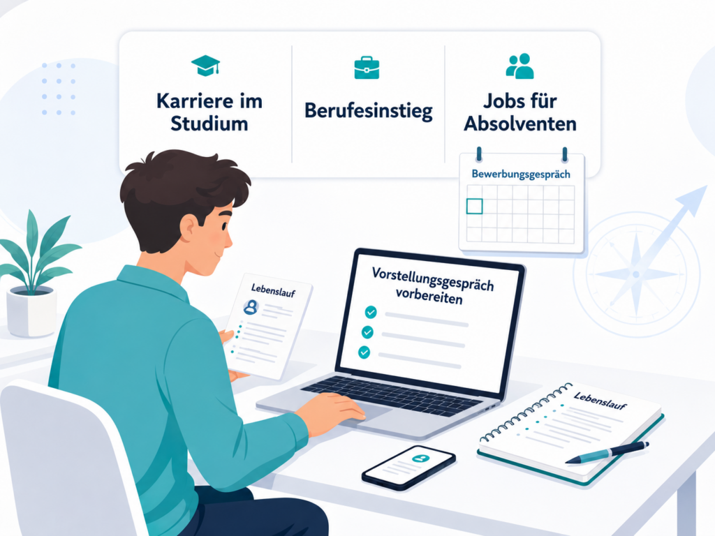llustration eines Studenten, der sich auf den Berufseinstieg vorbereitet. Auf dem Schreibtisch liegen Lebenslauf und Bewerbungsunterlagen, während auf dem Laptop eine Checkliste für das Vorstellungsgespräch angezeigt wird. Im Hintergrund werden Themen wie Karriere im Studium, Berufseinstieg und Jobs für Absolventen dargestellt.