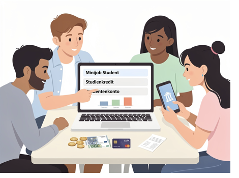 Illustration von vier Studierenden, die gemeinsam Informationen zu Minijob, Studienkredit und Studentenkonto auf einem Laptop besprechen.