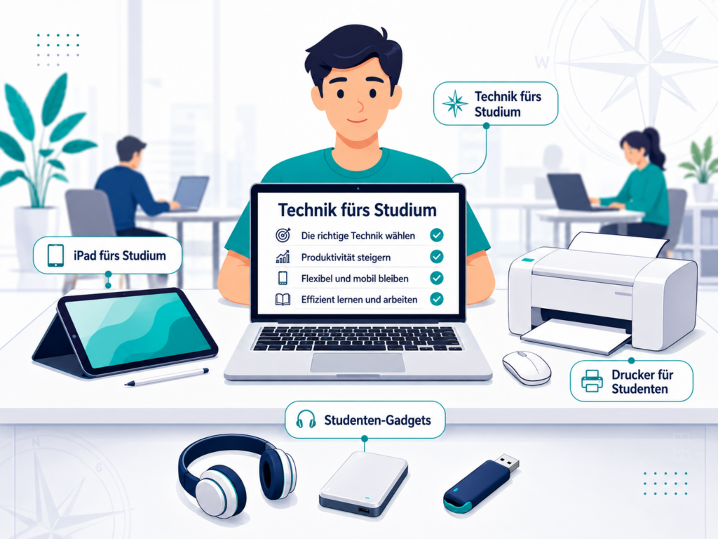 Illustration eines Studenten mit Laptop, Tablet, Drucker und technischen Gadgets für das Studium wie Kopfhörer, externe Festplatte und USB-Stick.