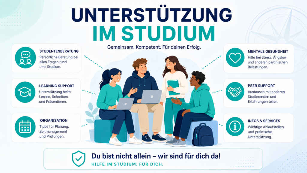 Infografik zum Thema Unterstützung im Studium. Eine Gruppe von Studierenden sitzt gemeinsam mit Laptops und Lernmaterialien zusammen. Die Grafik zeigt verschiedene Unterstützungsangebote wie Studentenberatung, Lernsupport, Organisation, mentale Gesundheit, Peer Support sowie Infos und Services.