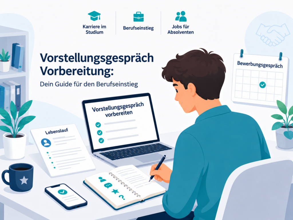 Person bereitet sich am Schreibtisch mit Lebenslauf, Notizen und Checkliste auf ein Vorstellungsgespräch für den Berufseinstieg vor.